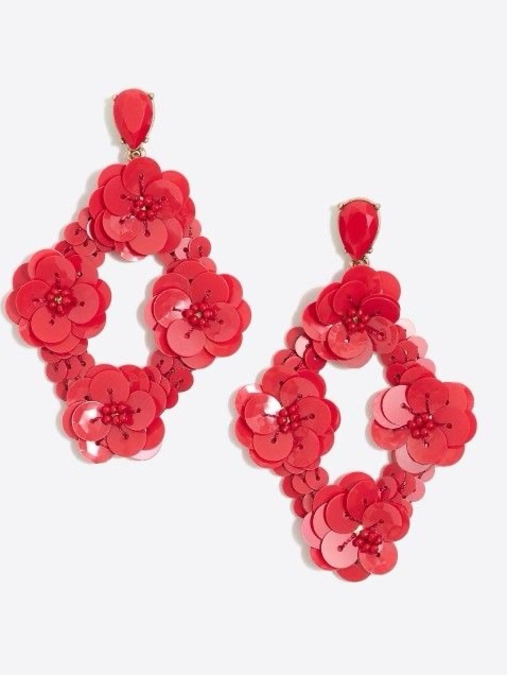 J Crew Red Floral Sequin Statement  Earrings - PRELOVED